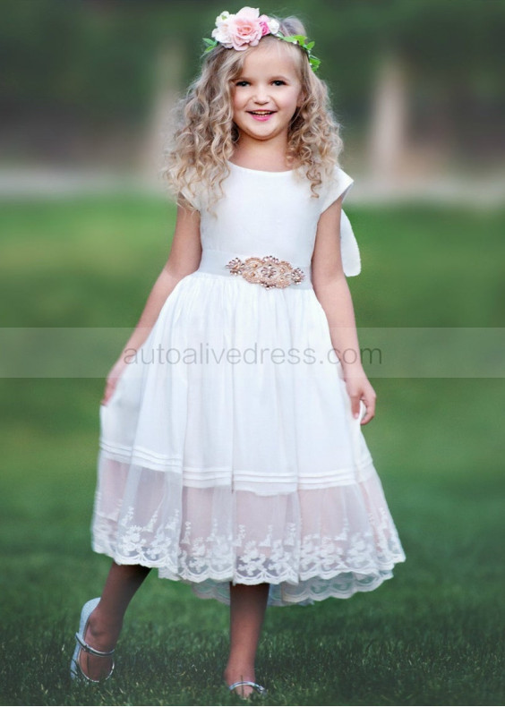 Cotton Lace Trim Tea Length Chic Flower Girl Dress